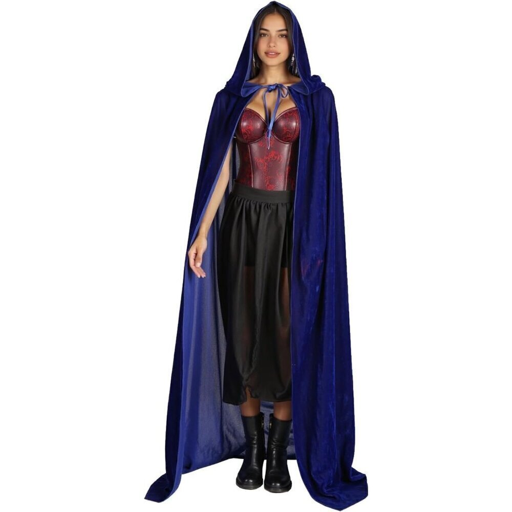 Blue Witch Velvet Hooded Cloak Halloween Cape Queen King Renaissance Medieval